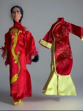 Vintage Mego Cher Doll with Bob Mackie Dragon Dress and Original Out & Shoes